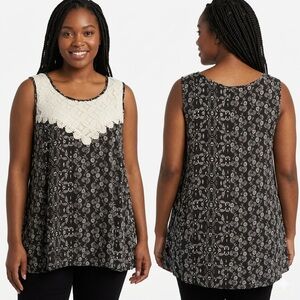 living doll Black Patterned Tunic with Cream Crochet Yoke